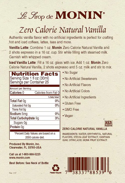 MONIN Natural ZERO Syrup 25.4 oz (750 ml)